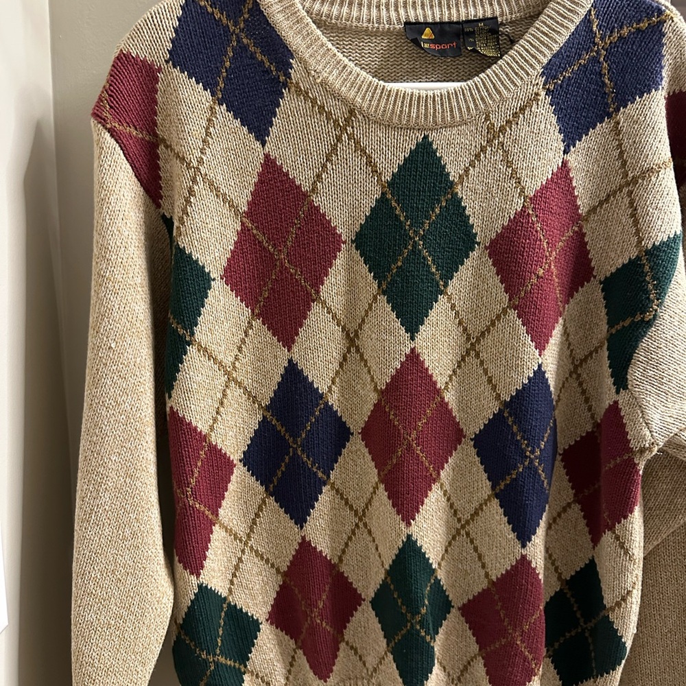 Vintage 90s Liz Claiborne Liz Sport Argyle Cable Knit Sweater Cotton